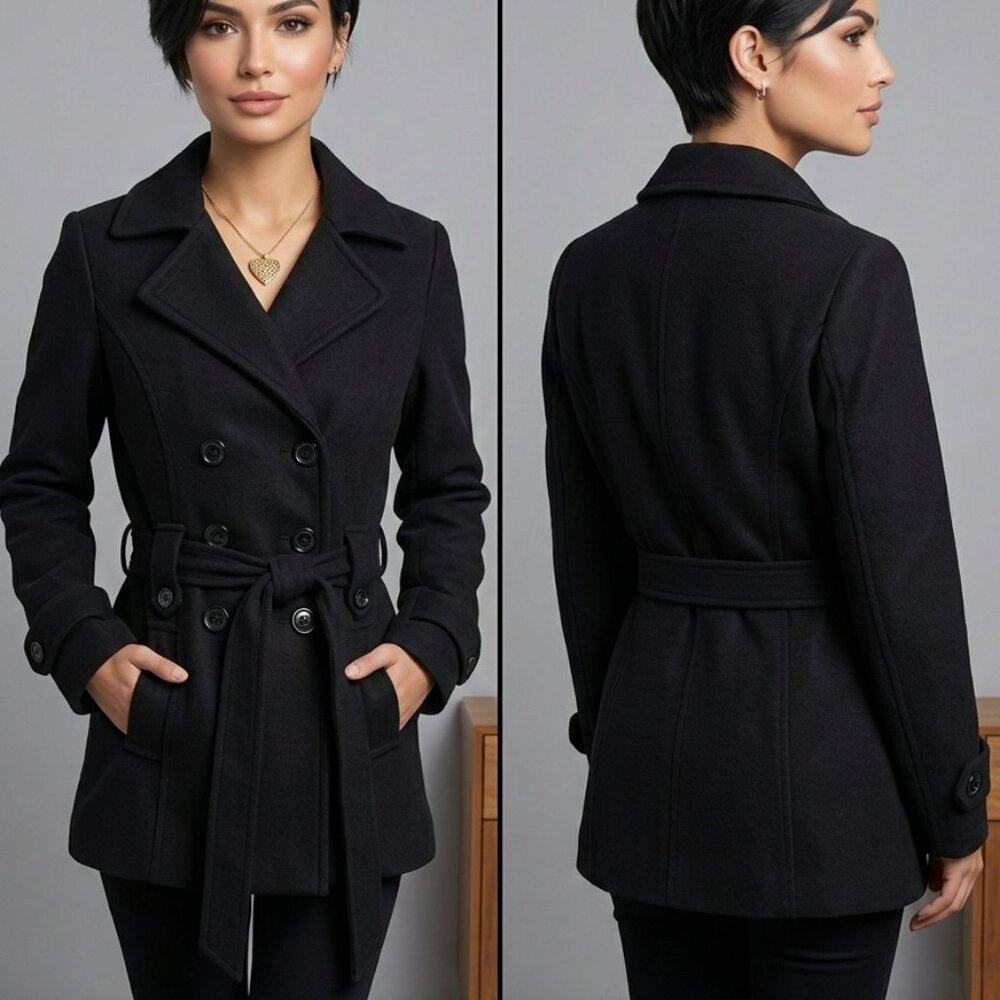 NEW Stylebook Trendy Plus Size Double-Breasted Black Peacoat – Size Small